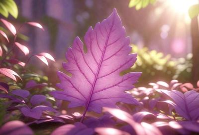 The primary subject of the image is a large, pink leaf. The leaf is prominently displayed in the foreground, with its vibrant color contrasting with the surrounding environment. The setting appears to be a forest, with the leaf resting on the ground among the trees. The visual style of the image is a combination of photo and digital art, creating a realistic yet artistic representation of the leaf in its natural habitat. The dominant colors in the image are pink and green, with the pink leaf being the foc