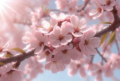 The primary subject of the image is a tree filled with pink flowers. The tree is located in a sunny, bright environment, which adds to the overall atmosphere of the scene. The visual style of the image is a photo, capturing the beauty of the tree and its flowers in detail. The colors and mood of the image are predominantly pink, creating a warm and inviting atmosphere.