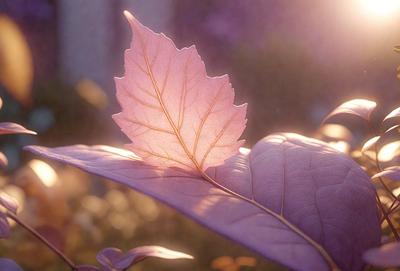 The primary subject of the image is a single leaf, which is pink and purple in color. The leaf is placed on a branch, and it appears to be the main focus of the image. The setting is outdoors, with the leaf sitting on a branch in front of a sunny sky. The visual style of the image is a close-up of the leaf, showcasing its details and texture. The colors and mood of the image are warm and inviting, with the pink and purple hues creating