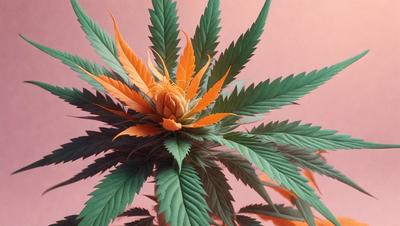 The primary subject of the image is a close-up of a marijuana plant with a flower on it. The plant is green and orange, and it is placed on a pink surface. The visual style of the image is a photo, and the dominant colors are green and orange. The overall atmosphere of the image is vibrant and lively.