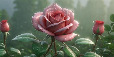 Primary subject: A single pink rose with water droplets on its petals.

Setting/background: The rose is sitting in a forest, surrounded by green leaves and water droplets.

Visual style: The image is a digital artwork, featuring a close-up of the rose with water droplets on its petals.

Colors and mood: The rose is predominantly pink, and the water droplets add a sense of freshness and life to the scene. The overall