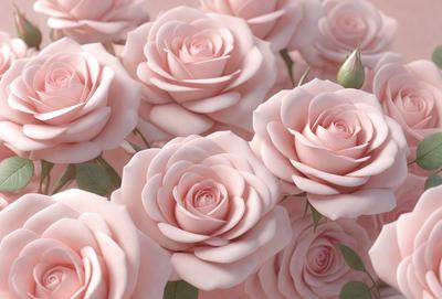 The primary subject of the image is a bouquet of pink roses. The setting is a pink background, which creates a visually appealing contrast with the roses. The visual style is a combination of photo and digital art, as the roses appear to be realistic yet have a slightly artificial quality. The colors and mood of the image are predominantly pink, creating a warm and romantic atmosphere.