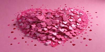 The primary subject of the image is a large pile of pink hearts. The hearts are scattered all over the scene, creating a visually appealing and heartwarming display. The setting is a pink background, which complements the color of the hearts and adds to the overall mood of the image. The visual style of the image is a combination of photo and digital art, as the hearts are arranged in a way that resembles a heart shape. The colors and mood of the image are predominantly pink