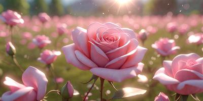 The primary subject of the image is a single pink rose, which is the main focus of the scene. The rose is situated in a grassy field, surrounded by a variety of pink flowers. The visual style of the image is a combination of photo and digital art, creating a realistic yet artistic representation of the rose and its surroundings. The colors in the image are predominantly pink, which gives the scene a soft and delicate atmosphere.
