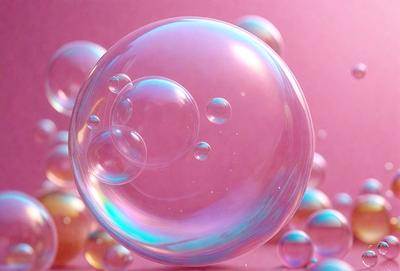 The primary subject of the image is a large, pink, bubble-like object. The setting is a pink background, which creates a contrast with the bubble. The visual style is a combination of photo and digital art, as the bubble appears to be a 3D model or a digital illustration. The colors and mood of the image are predominantly pink, giving it a soft and playful atmosphere.