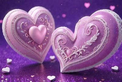 The primary subject of the image is a pair of purple heart-shaped boxes, which are decorated with pink hearts and gold accents. The setting is a purple background, which complements the color of the heart boxes. The visual style of the image is a combination of digital art and illustration, creating a unique and eye-catching design. The colors and mood of the image are predominantly purple and pink, giving it a warm and romantic atmosphere.