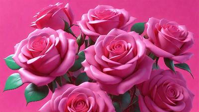 The primary subject of the image is a bouquet of pink roses. The setting is a pink background, which creates a visually appealing contrast with the roses. The visual style is a painting, which adds a sense of artistic expression to the scene. The dominant colors are pink and red, creating a warm and romantic atmosphere.