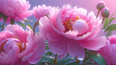 The primary subject of the image is a bouquet of pink flowers. The flowers are arranged in a vase, creating a beautiful and colorful display. The setting is a garden, with the flowers blooming in a natural environment. The visual style of the image is a digital art or illustration, showcasing the artist's skill in creating a realistic and vibrant representation of the flowers. The colors and mood of the image are predominantly pink, conveying a sense of warmth, love,