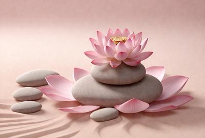 The primary subject of the image is a beautifully arranged display of pink flowers, including a large pink flower and a smaller one, placed on top of a stack of rocks. The setting is a pink background, which adds to the overall mood of the scene. The visual style of the image is a combination of photo and digital art, creating a realistic yet artistic representation of the flowers and rocks. The colors and mood of the image are predominantly pink, which gives it a warm and inviting atmosphere.