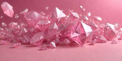 The primary subject of the image is a pink background with a large number of pink crystals scattered across it. The setting appears to be a pink surface, possibly a table or a wall. The visual style of the image is a combination of photo and digital art, creating a unique and eye-catching display. The colors and mood of the image are predominantly pink, giving it a warm and inviting atmosphere.