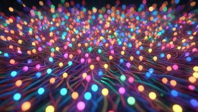 The primary subject of the image is a close-up of a colorful, glowing pattern made up of many small lights. The setting is a dark background, which contrasts with the bright and vibrant colors of the lights. The visual style appears to be a combination of a photo and digital art, as the lights are arranged in a visually appealing manner. The colors and mood of the image are predominantly bright and lively, with the lights creating a sense of energy and excitement.