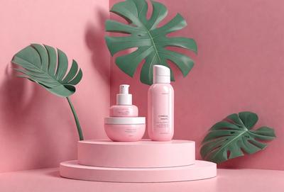 The primary subject of the image is a pink table with two bottles of lotion on it. The setting is a pink background, which creates a warm and inviting atmosphere. The visual style is a photo, capturing the details of the bottles and the table. The colors and mood of the image are predominantly pink, giving it a feminine and soothing vibe.
