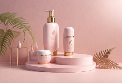 The primary subject of the image is a pink table with a variety of cosmetic products on it. The table is adorned with three bottles of lotion, a tube of lip balm, and a bottle of hand sanitizer. The setting is a pink background, which adds a touch of elegance to the scene. The visual style is a combination of photo and digital art, creating a realistic yet artistic representation of the cosmetic products. The colors and mood of the image are pre