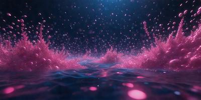 The primary subject of the image is a pink, purple, and white cloud floating in a blue ocean. The cloud appears to be a mix of water and air, creating a unique and visually striking scene. The setting is a vast ocean, with the cloud being the main focus of the image. The visual style is a combination of photo and digital art, creating a surreal and dreamy atmosphere. The colors and mood of the image are predominantly pink and purple, with the blue ocean providing a contrasting back