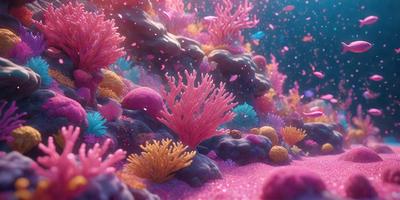 The primary subject of the image is a vibrant and colorful underwater scene featuring a variety of coral and sea creatures. The setting is a pink and purple ocean, with a backdrop of a rocky surface. The visual style is a combination of photo and digital art, creating a realistic yet artistic representation of the underwater world. The dominant colors are pink, purple, and various shades of blue, giving the scene a lively and serene atmosphere.