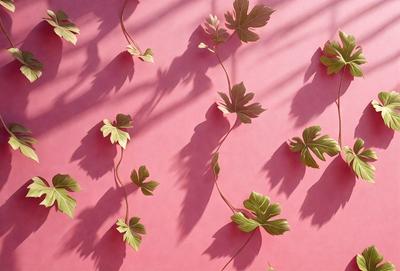 The primary subject of the image is a wall with a pink background. The wall is adorned with a row of green leaves, creating a visually appealing and natural atmosphere. The leaves are arranged in a way that they appear to be growing out of the wall, giving the impression of a living, organic element. The visual style of the image is a combination of photo and digital art, as it captures the essence of a natural environment while maintaining a modern and artistic touch. The colors and mood of the