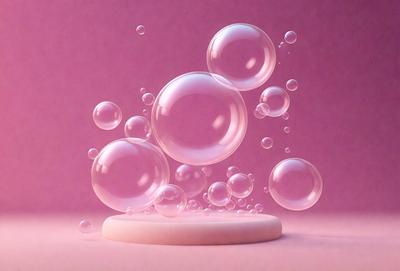 The primary subject of the image is a white, round, and pink object, which appears to be a soap bubble. The setting is a pink background, which adds a vibrant and lively atmosphere to the scene. The visual style of the image is a combination of photo and digital art, creating a unique and eye-catching representation of the soap bubble. The colors and mood of the image are predominantly pink, which gives it a warm and inviting feel.