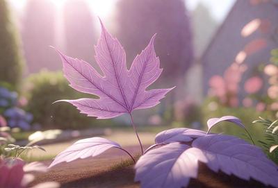 The primary subject of the image is a purple maple leaf, which is the main object, scene, or focus of the image. The setting/background features a sidewalk, and the visual style is a digital art or illustration. The dominant colors and overall atmosphere of the image are purple and pink, creating a serene and calming mood.