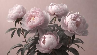 The primary subject of the image is a bouquet of white flowers, which are the main objects in the scene. The flowers are arranged in a vase, creating a visually appealing display. The setting is a pink background, which adds a touch of color to the overall atmosphere. The visual style of the image is a painting, which gives it a more artistic and detailed appearance. The colors and mood of the painting are predominantly pink, creating a warm and inviting ambiance.
