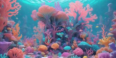 The primary subject of the image is a vibrant and colorful underwater scene featuring a variety of sea creatures. The setting is a lively ocean environment, with a diverse array of fish, coral, and other aquatic life. The visual style of the image is a combination of photo and digital art, creating a realistic yet artistic representation of the underwater world. The colors and mood of the image are predominantly pink, purple, and blue, giving the scene a whimsical and playful
