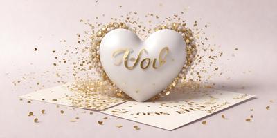 Primary subject: A heart-shaped piece of paper with the word "vol" written on it.

Setting/background: The heart is placed on a table with a gold background.

Visual style: The image is a digital artwork.

Colors and mood: The heart is white, and the gold background creates a warm and elegant atmosphere.