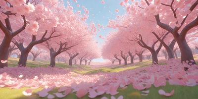 The primary subject of the image is a beautiful scene of a pink flower field with pink flowers scattered throughout the area. The setting is a lush green hillside, and the visual style is a combination of photo and digital art. The dominant colors are pink and green, creating a serene and peaceful atmosphere.