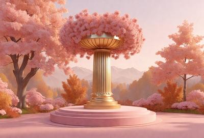 The primary subject of the image is a large, golden, pink, and white vase with a fountain-like design. The vase is situated in a beautiful, pink-colored garden with trees and flowers surrounding it. The setting appears to be a peaceful and serene environment, perfect for relaxation and enjoyment. The visual style of the image is a combination of digital art and illustration, creating a stunning and realistic representation of the garden and the vase. The colors and mood of the