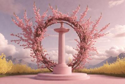 The primary subject of the image is a tall, white, pink, and gold statue, which is surrounded by a beautiful and colorful flower arrangement. The statue is located in a garden setting, with a pink background and a mountain visible in the distance. The visual style of the image is a combination of photo and digital art, creating a vibrant and lively atmosphere. The colors and mood of the image are predominantly pink and warm, with the flowers and statue adding a touch of elegance and sophistic