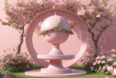 The primary subject of the image is a large, pink, round vase with a white globe on top. The vase is placed on a pink pedestal, and it is surrounded by a beautiful garden setting. The garden features a variety of pink flowers, creating a serene and peaceful atmosphere. The visual style of the image is a combination of realistic elements, such as the vase and flowers, and digital art, which adds a touch of whimsy and creativity to the scene. The colors and