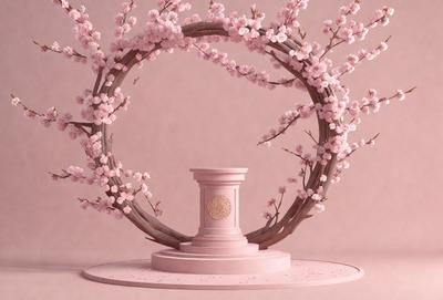 The primary subject of the image is a pink pedestal with a statue on top, surrounded by a beautiful pink flower arrangement. The setting is a pink background, which adds to the overall mood of the scene. The visual style is a combination of digital art and illustration, creating a realistic yet artistic representation of the statue and flower arrangement. The colors and mood of the image are predominantly pink, giving it a warm and inviting atmosphere.