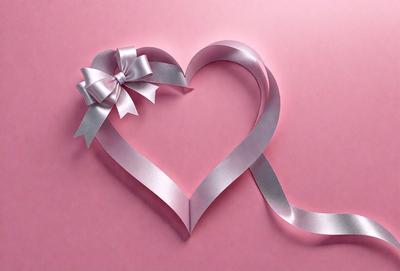 The primary subject of the image is a heart-shaped bow made of ribbon. The heart is pink and is placed on a pink background. The visual style of the image is a close-up of the heart, showcasing its details. The colors and mood of the image are predominantly pink, creating a warm and romantic atmosphere.