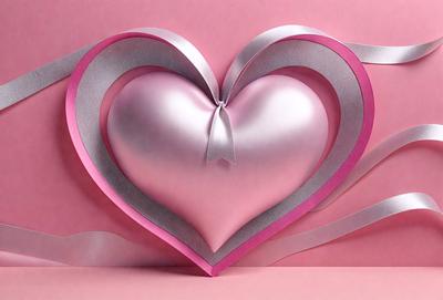 The primary subject of the image is a heart-shaped paper decoration. The heart is pink and features a silver bow on top. The setting is a pink background, which complements the heart's color. The visual style is a combination of digital art and illustration, creating a unique and eye-catching design. The colors and mood of the image are predominantly pink and warm, evoking feelings of love and affection.