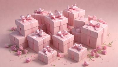 The primary subject of the image is a collection of pink boxes with bows on them. The setting is a pink background, which adds to the overall mood of the scene. The visual style is a combination of photo and digital art, creating a realistic yet artistic representation of the pink boxes. The colors and mood of the image are predominantly pink, giving it a warm and inviting atmosphere.