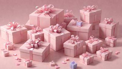 The primary subject of the image is a pile of pink gift boxes. The setting is a pink background, which adds to the overall mood of the scene. The visual style is a combination of photo and digital art, creating a realistic yet artistic representation of the gift boxes. The colors and mood are predominantly pink, giving the image a warm and festive atmosphere.