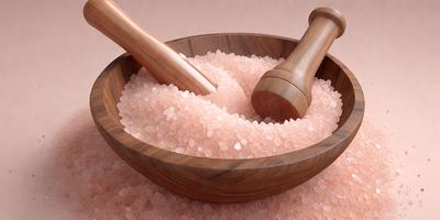 The primary subject of the image is a wooden bowl filled with pink grains, likely sugar or salt. The bowl is placed on a wooden surface, which serves as the setting and background of the scene. The visual style of the image is a close-up of the bowl, showcasing the pink grains and the wooden surface. The colors and mood of the image are predominantly pink, giving it a warm and inviting atmosphere.