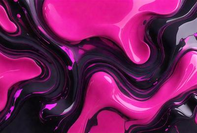 The primary subject of the image is a close-up of a pink and black liquid, which appears to be a mix of paint and water. The setting is a pink background, which adds to the overall mood of the image. The visual style is a combination of a photo and digital art, creating a unique and artistic representation of the pink and black liquid. The colors and mood of the image are predominantly pink and black, with a slightly moody atmosphere.