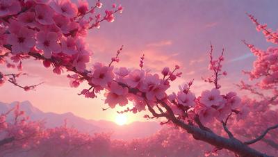 The primary subject of the image is a tree filled with pink flowers. The tree is located in a pink-colored field, which adds to the overall atmosphere of the scene. The visual style of the image is a combination of photo and digital art, creating a vibrant and lively scene. The colors and mood of the image are predominantly pink, giving it a warm and inviting feel.