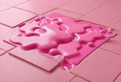 The primary subject of the image is a pink liquid, which appears to be a mixture of pink and white colors. The setting is a pink surface, possibly a tile or a piece of cake, with the liquid spreading across it. The visual style of the image is a close-up, which emphasizes the details of the pink liquid. The colors and mood of the image are predominantly pink, creating a warm and inviting atmosphere.