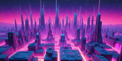 The primary subject of the image is a futuristic cityscape with a purple skyline. The setting is a city with tall buildings and a sky filled with purple lights. The visual style is a digital art or illustration, creating a unique and captivating atmosphere. The colors and mood of the image are predominantly purple, giving it a surreal and dreamlike quality.
