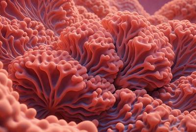 The primary subject of the image is a large, pink, and red coral reef with a variety of shapes and textures. The setting is underwater, with the coral reef being the main focus of the scene. The visual style of the image is a close-up of the coral reef, showcasing its intricate details. The dominant colors in the image are pink and red, creating a vibrant and lively atmosphere.