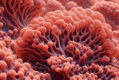 The primary subject of the image is a close-up of a pink coral reef, showcasing its intricate and colorful structure. The setting is underwater, with the coral reef being the main focus of the scene. The visual style of the image is a combination of photo and digital art, creating a vibrant and detailed representation of the coral reef. The dominant colors in the image are pink and red, giving the scene a warm and lively atmosphere.