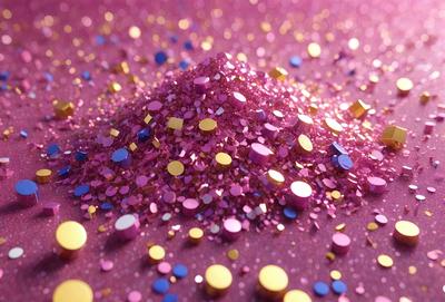 The primary subject of the image is a pile of purple glittery confetti. The setting is a purple surface, which adds to the overall mood of the scene. The visual style of the image is a close-up of the confetti, showcasing its vibrant colors and texture. The confetti is the main focus of the image, and its purple hue and glittery appearance create a festive and lively atmosphere.