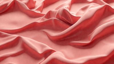 The primary subject of the image is a red fabric, which appears to be a piece of silk. The setting is a pink background, creating a contrasting color scheme. The visual style is a close-up of the fabric, showcasing its texture and details. The colors and mood of the image are predominantly pink and red, giving it a warm and vibrant atmosphere.