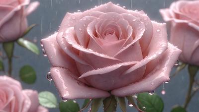 The primary subject of the image is a pink rose with drops of water on it. The rose is sitting in a vase, and the setting appears to be a rainy day. The visual style of the image is a photo, and the dominant colors are pink and white, creating a serene and romantic atmosphere.