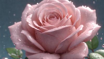 The primary subject of the image is a pink rose with droplets of water on it. The rose is the main focus of the image, and it is set against a backdrop of water droplets. The visual style of the image is a close-up of the rose, which highlights its details and texture. The colors in the image are predominantly pink, which gives the image a warm and romantic atmosphere.