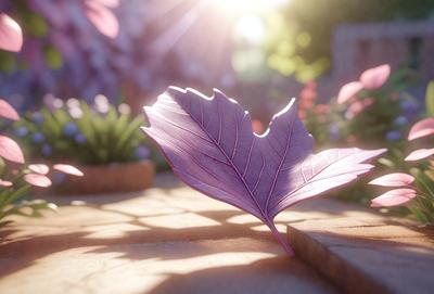 The primary subject of the image is a purple leaf, which is the main object, scene, or focus of the image. The setting/background features a brick walkway, and the visual style is a digital art or illustration. The dominant colors in the image are purple and pink, creating a calm and serene atmosphere.