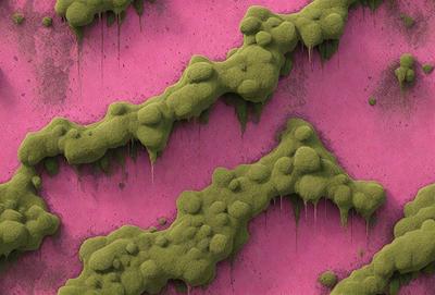 The primary subject of the image is a close-up of a mossy, green, and pink surface. The setting appears to be a pink wall with a green moss-like substance growing on it. The visual style of the image is a combination of a photo and digital art, creating a unique and intriguing appearance. The dominant colors in the image are pink and green, with the pink wall providing a striking contrast to the green moss. The overall atmosphere of the image is one of growth, nature
