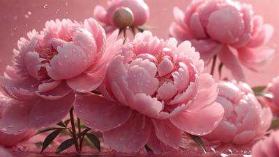 The primary subject of the image is a bouquet of pink flowers. The flowers are arranged in a vase, and they are surrounded by water droplets, giving the scene a fresh and lively appearance. The setting is a pink background, which complements the vibrant colors of the flowers. The visual style of the image is a combination of photo and digital art, creating a realistic yet artistic representation of the flowers. The dominant colors in the image are pink and white, with the pink flowers being the