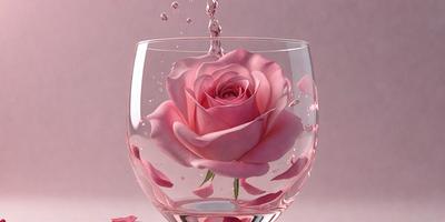 The primary subject of the image is a single pink rose, which is placed in a glass vase filled with water. The setting is a close-up of the rose, showcasing its beauty and delicate petals. The visual style is a realistic representation of the rose, with the water in the vase creating a natural and serene atmosphere. The colors and mood of the image are predominantly pink, which adds a sense of warmth and elegance to the scene.