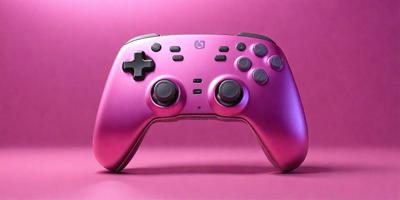 The primary subject of the image is a pink video game controller. The controller is placed on a pink background, which creates a visually striking contrast. The visual style of the image is a digital art or illustration, as it is a close-up of the controller with a vibrant color scheme. The dominant colors in the image are pink and purple, giving the scene a warm and inviting atmosphere.